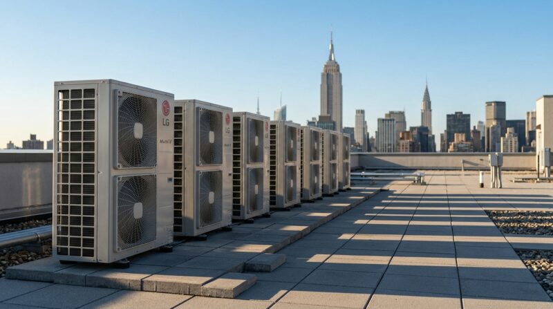 LG Multi V VRF outdoor condenser units on a Manhattan commercial rooftop