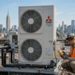Mitsubishi Electric City Multi VRF condenser on a Manhattan rooftop with a building engineer checking diagnostics