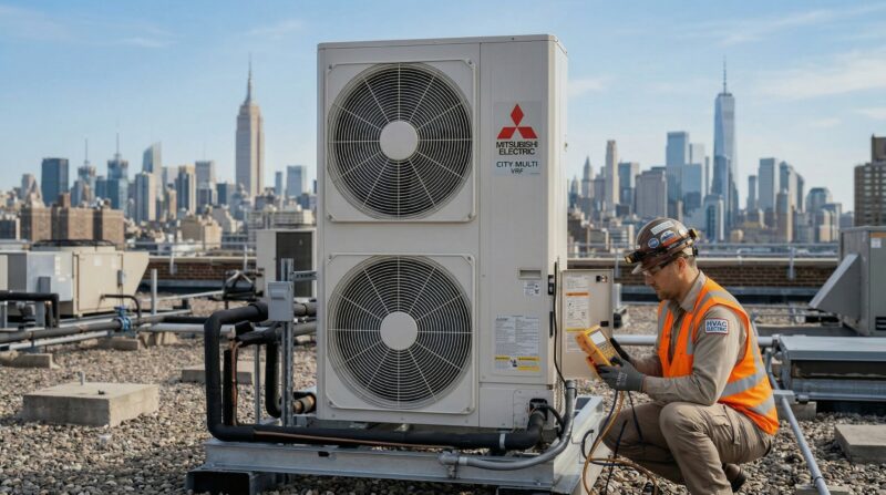 Mitsubishi Electric City Multi VRF condenser on a Manhattan rooftop with a building engineer checking diagnostics