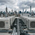 Commercial VRF heat pump outdoor condenser units on Manhattan rooftop with NYC skyline