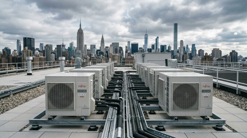 Commercial VRF heat pump outdoor condenser units on Manhattan rooftop with NYC skyline