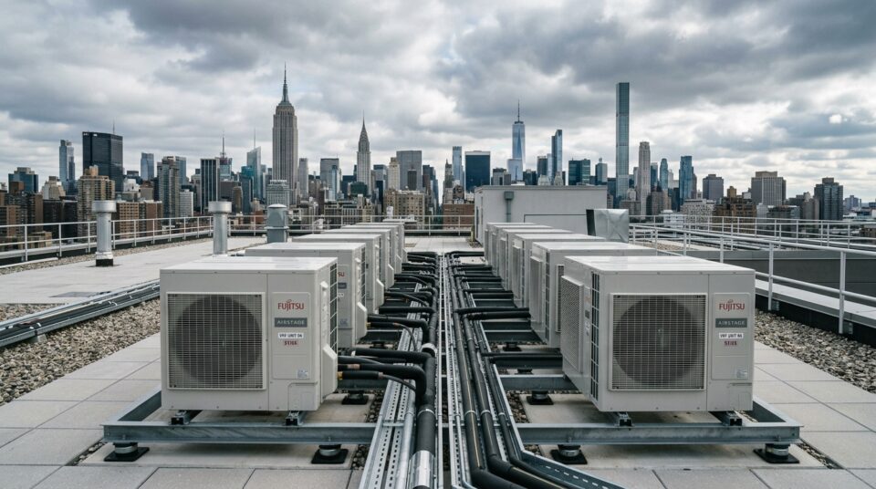 Commercial VRF heat pump outdoor condenser units on Manhattan rooftop with NYC skyline