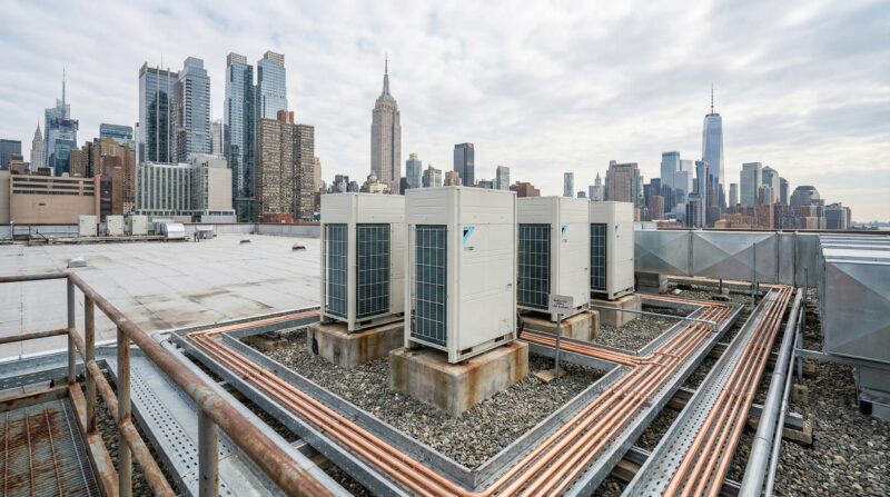 Commercial VRF outdoor condensing units installed on a Manhattan rooftop with NYC skyline in the background