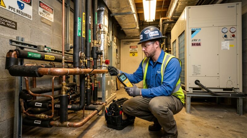 Technician inspecting a VRF system for a refrigerant leak
