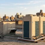 Traditional rooftop packaged HVAC unit and Daikin VRV condensing units side by side on a New York City commercial rooftop