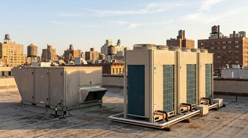 Traditional rooftop packaged HVAC unit and Daikin VRV condensing units side by side on a New York City commercial rooftop