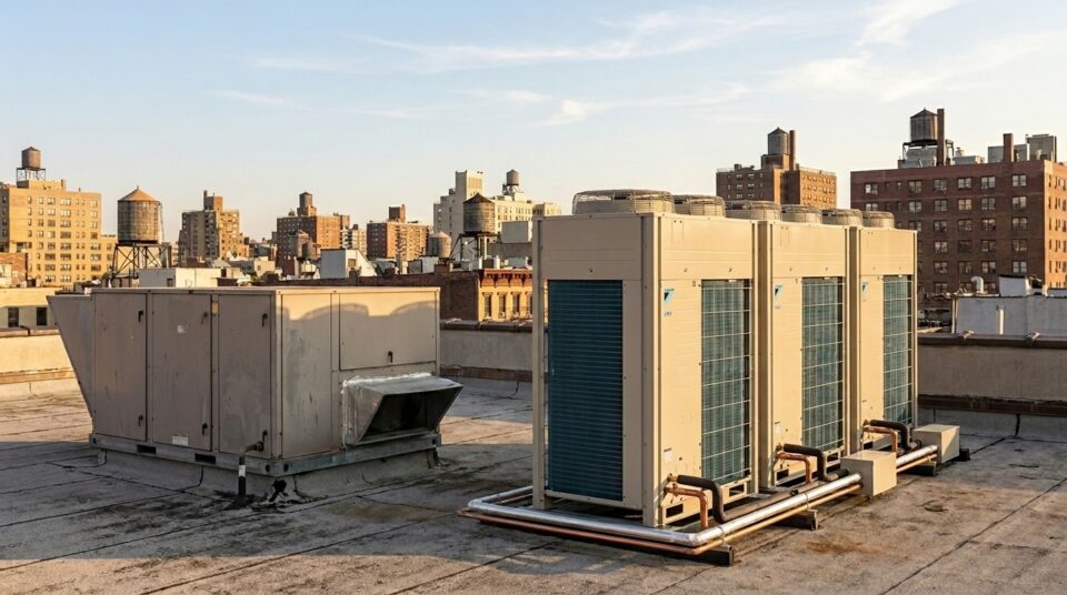 Traditional rooftop packaged HVAC unit and Daikin VRV condensing units side by side on a New York City commercial rooftop