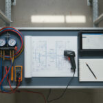 Service tools and a VRF system schematic on a technician workbench