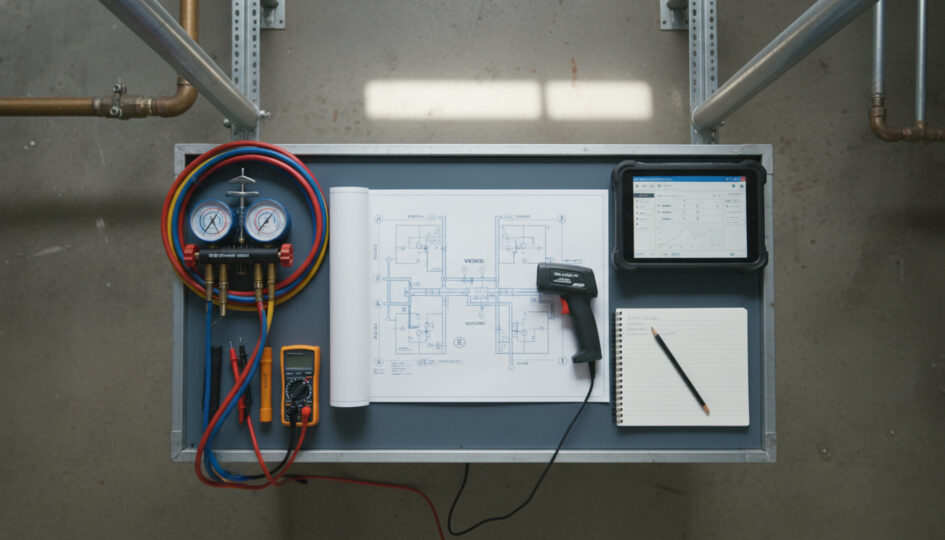 Service tools and a VRF system schematic on a technician workbench