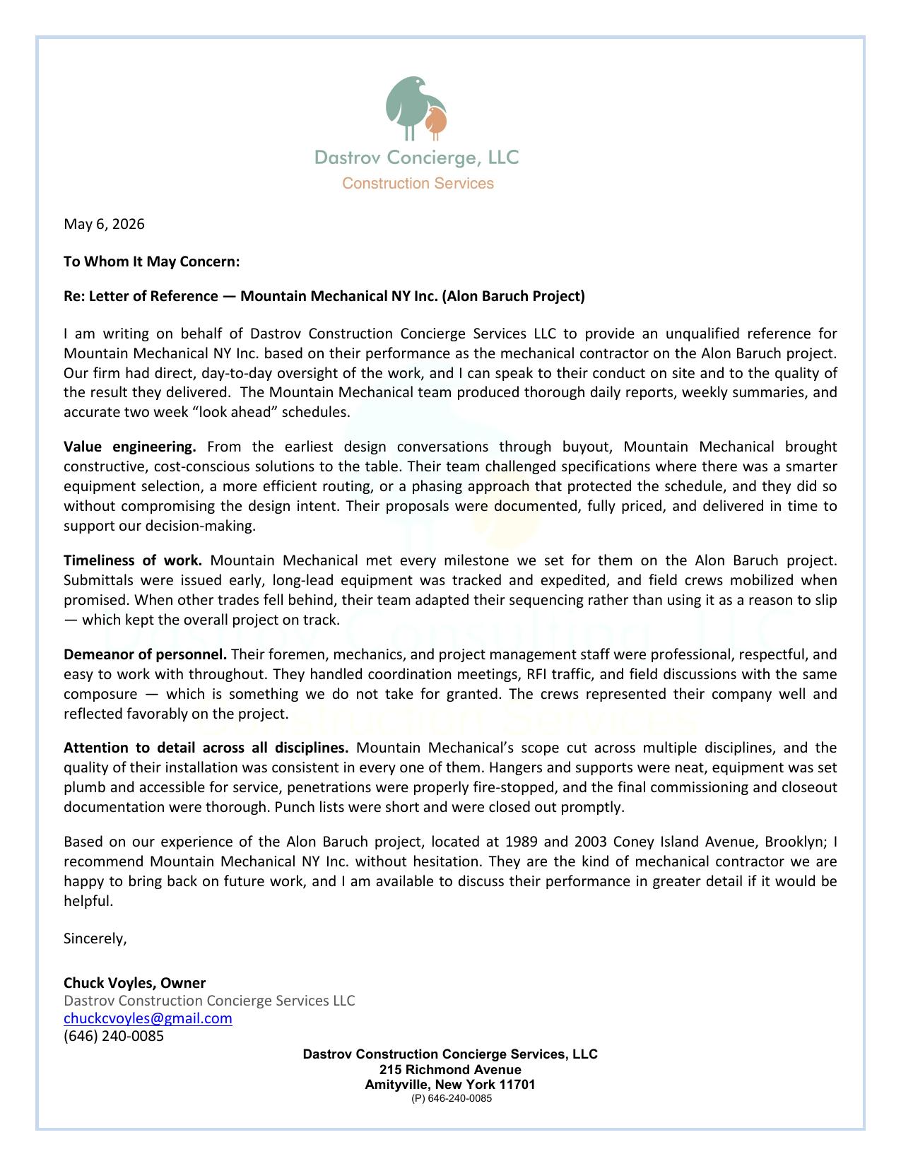 Reference letter from Dastrov Construction Concierge Services regarding the Alon Baruch project