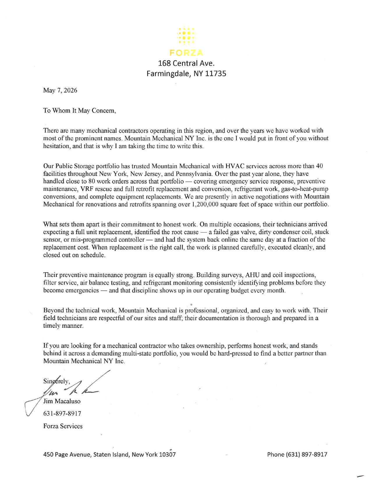 Reference letter from Forza Services regarding service across the Public Storage portfolio