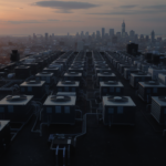 Manhattan commercial rooftop HVAC condenser units at dusk with skyline backdrop