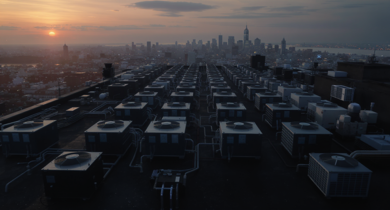 Manhattan commercial rooftop HVAC condenser units at dusk with skyline backdrop