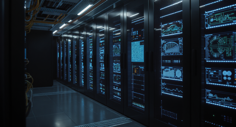 BMS controls panel and network rack in a Manhattan commercial building mechanical room