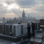 Rooftop VRF condenser units on a Manhattan commercial building during a scheduled maintenance visit