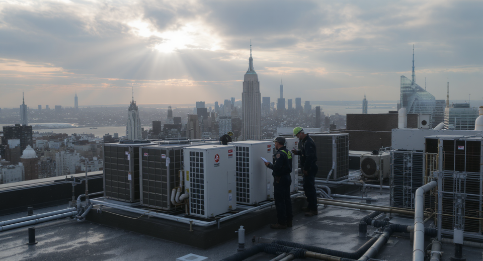 Rooftop VRF condenser units on a Manhattan commercial building during a scheduled maintenance visit