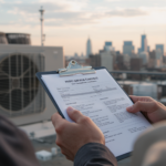 Contractor reviewing a VRF service contract on a clipboard with Manhattan rooftop condenser units in the background