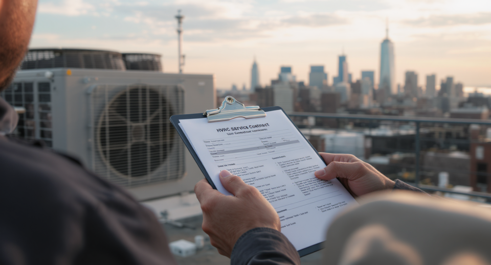 Contractor reviewing a VRF service contract on a clipboard with Manhattan rooftop condenser units in the background