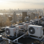 Rooftop VRF condenser units on a Manhattan commercial high-rise with city skyline below