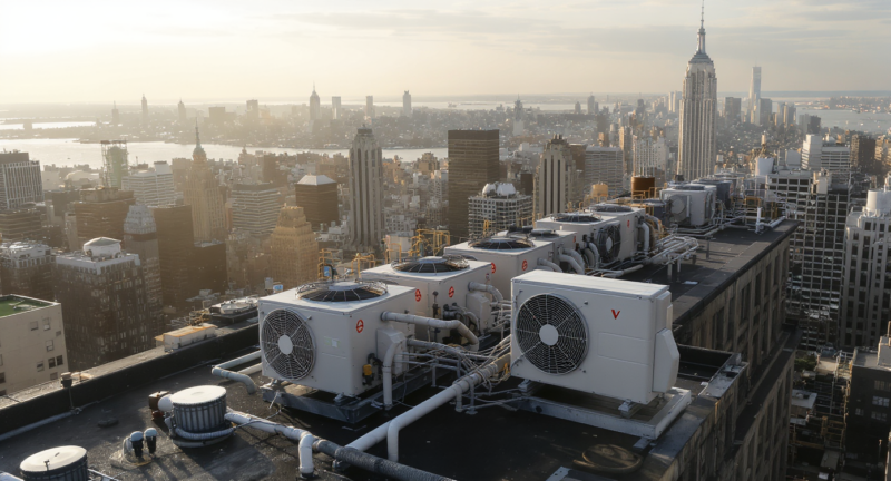 Rooftop VRF condenser units on a Manhattan commercial high-rise with city skyline below
