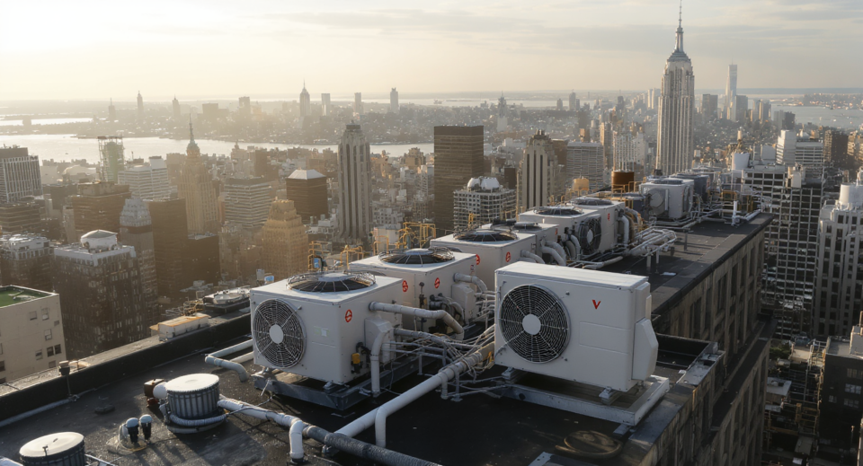Rooftop VRF condenser units on a Manhattan commercial high-rise with city skyline below