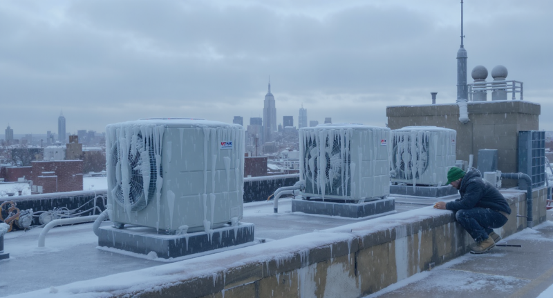 Rooftop VRF outdoor condenser units in winter ice on a Manhattan commercial building