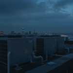 Rooftop VRF condenser units on a Manhattan high-rise hotel at dusk