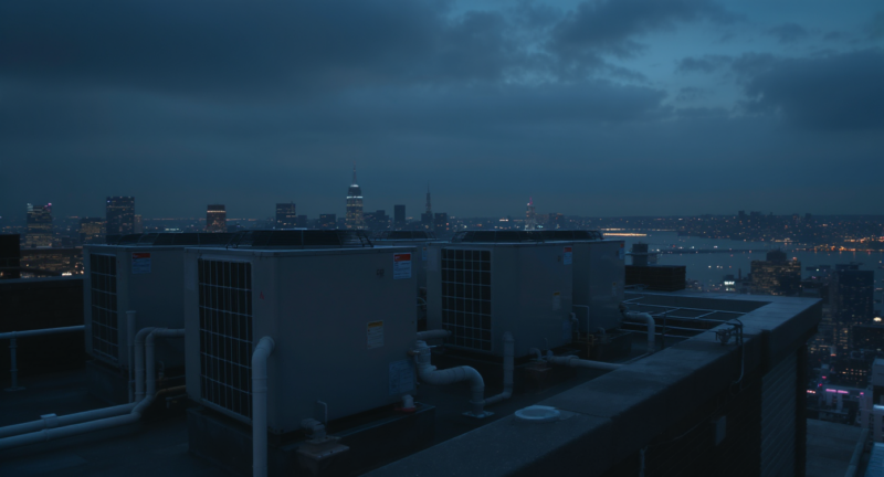 Rooftop VRF condenser units on a Manhattan high-rise hotel at dusk