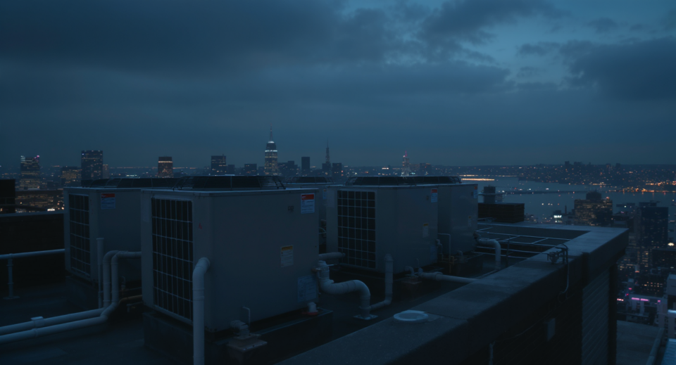 Rooftop VRF condenser units on a Manhattan high-rise hotel at dusk