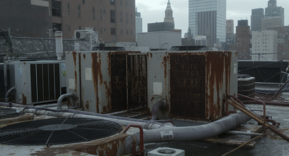 Aging commercial HVAC rooftop equipment on a Manhattan high-rise